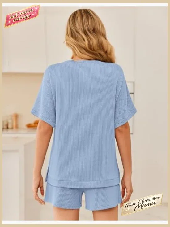 Ribbed Knit Lounge Set Short Sleeve Top with Pocket Shorts Matching Outfit - Picture 5 of 5